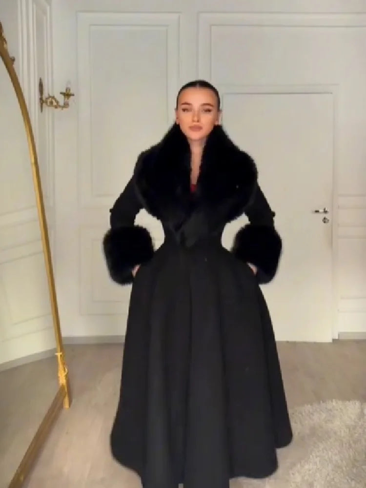Women Wool Blend Coat Faux Fur Collar And Cuffs Fitted Waist Flared Maxi Silhouette Outerwear Winter Elegant Street Overcoat