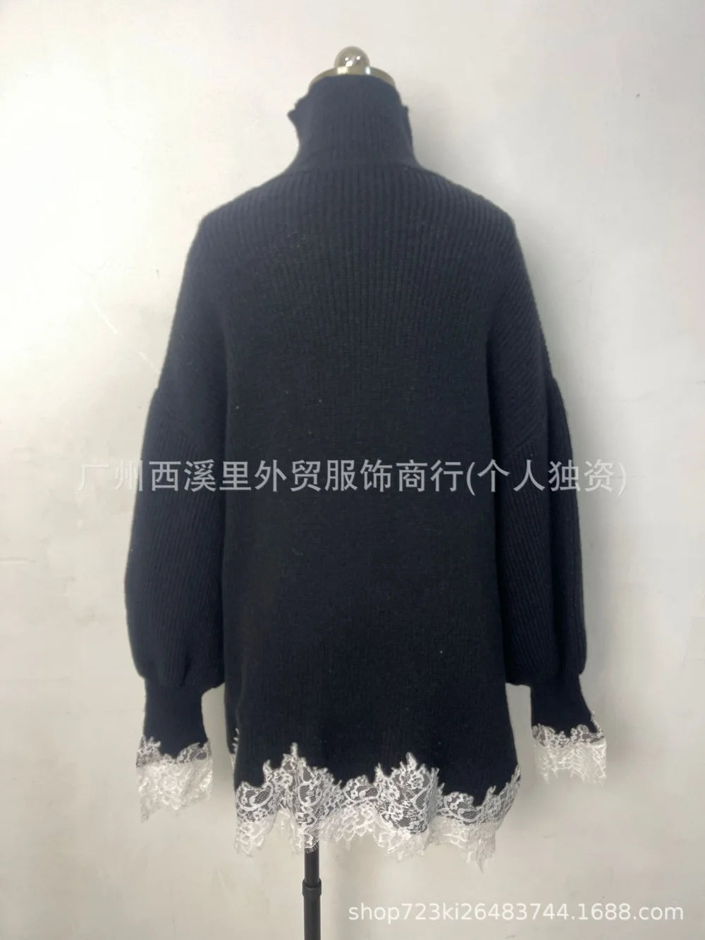 Fall Winter Women Oversized Turtleneck Knit Sweater Dress Lantern Long Sleeve Lace Trim Irregular Hem Loose Pullover Mini Dress