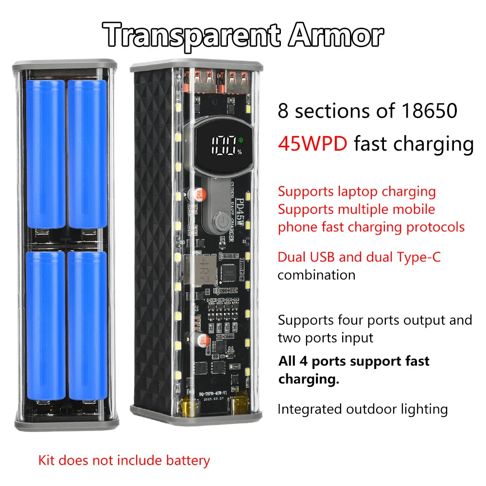 PD 45W 30-65W Super Fast Charging Transparent Power Bank Shell Welding Free 8 *18650 Battery Cartridges For Outdoor Light Type-C
