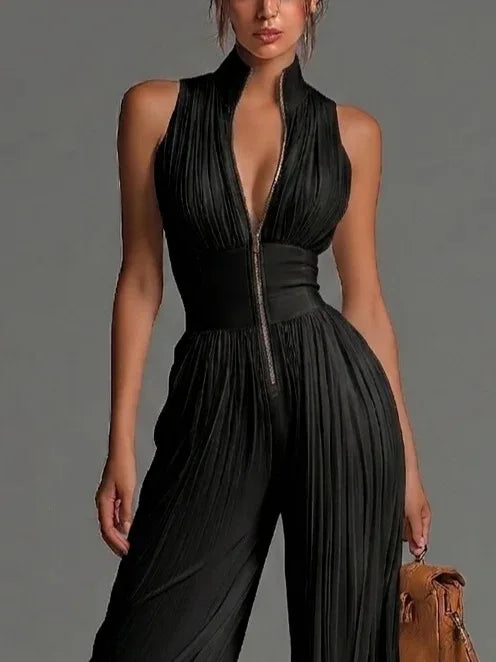 White Pleated Neck Women's Jumpsuit Long Wide Leg Fashionable Sexy Pleated