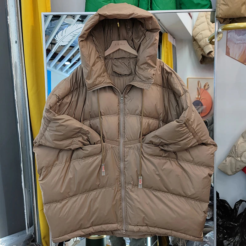 2025 New Winter Women 90% White Duck Down Jacket Casual Loose Over Size Warm Parka Female Drawstring Hooded Puffer Coat