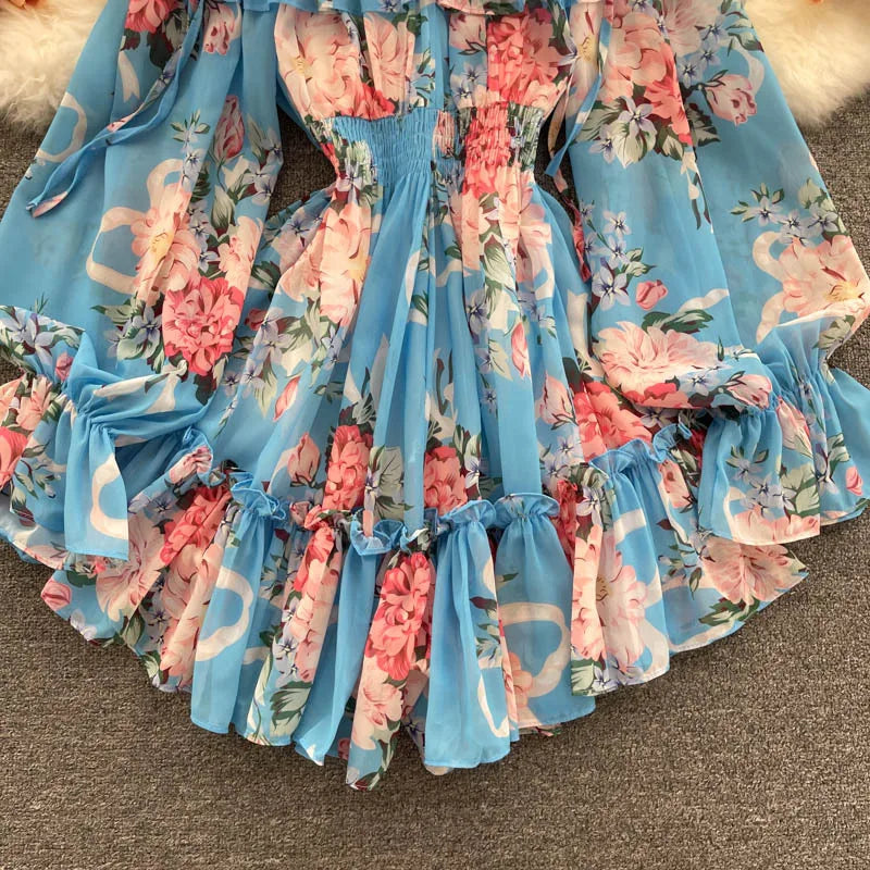 2025 New Retro Summer Beach Vacation Dress Women Sexy Strapless Lantern Sleeve Sweet Floral Jumpsuit Short Chiffon Print Dresses
