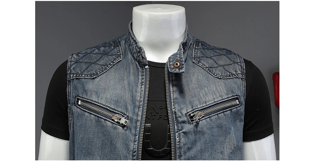 DIMUSI Mens Denim Vests Vintage Fashion Design Retor Sleeveless Jackets Men Streetwear Ripped Hole Punk Jean Waistcoats Clothing