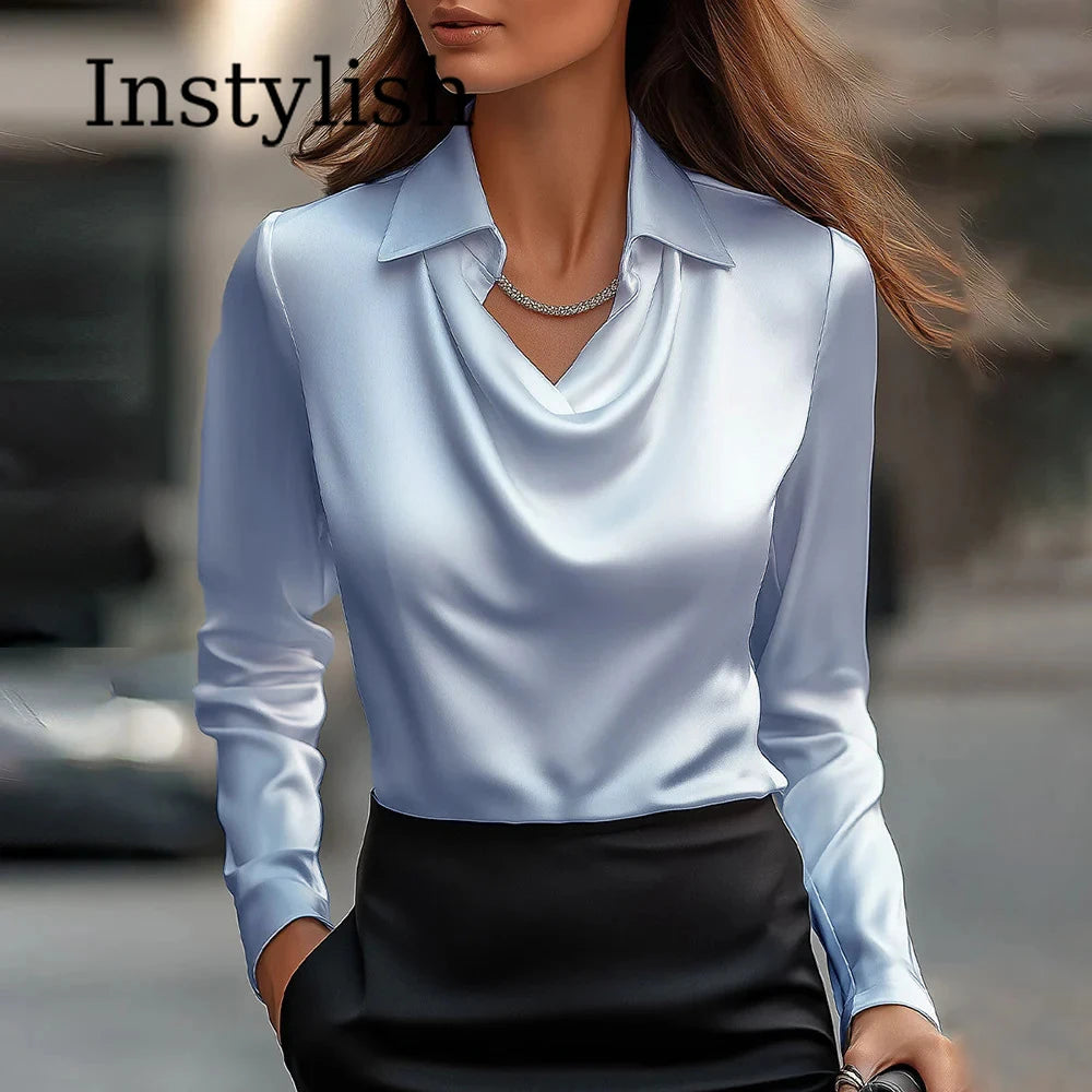 Women Long Sleeve Lapel V Neck Satin Blouse Elegant Solid Loose Shirt Spring Summer Simple Chic Offce Lady Tops Fake Silk Shirt