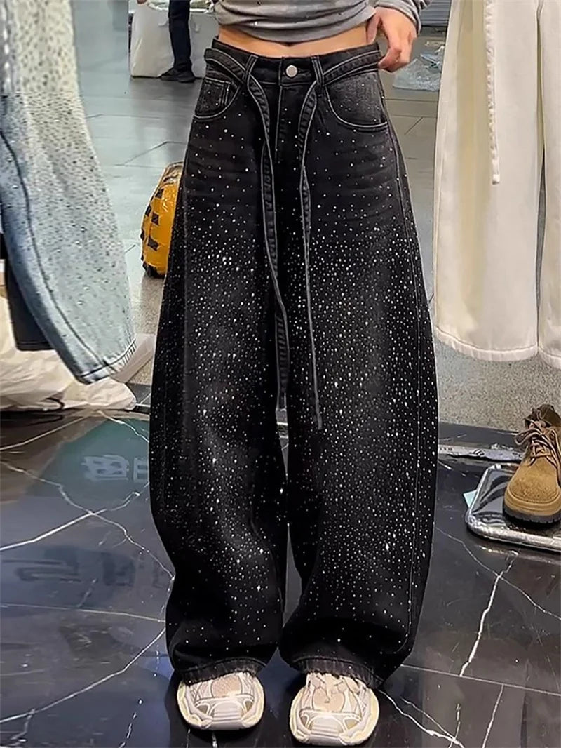 Korean Loose Women Denim Pants 2026 New Autumn Winter Retro Hot Diamond Long Cowboy Trousers Ladies Casual Streetwear Jeans
