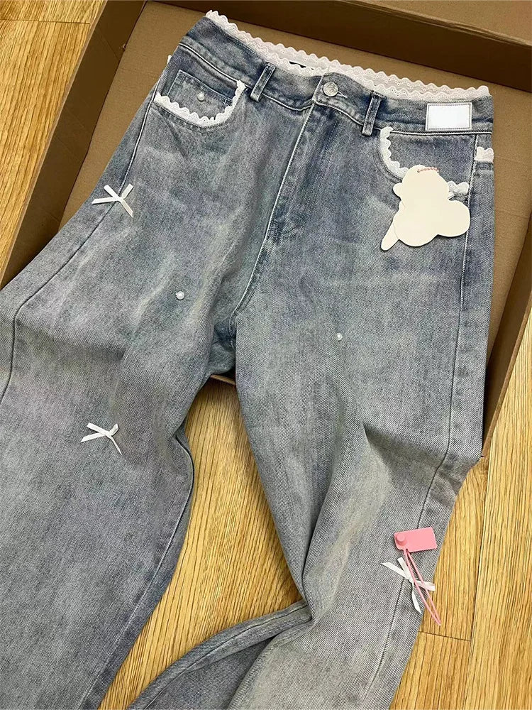 Women's Blue Y2k Lace Bow Jeans Baggy Aesthetic Denim Trousers Harajuku Streetwear Jean Pants Vintage 2000s Trashy Clothes 2024