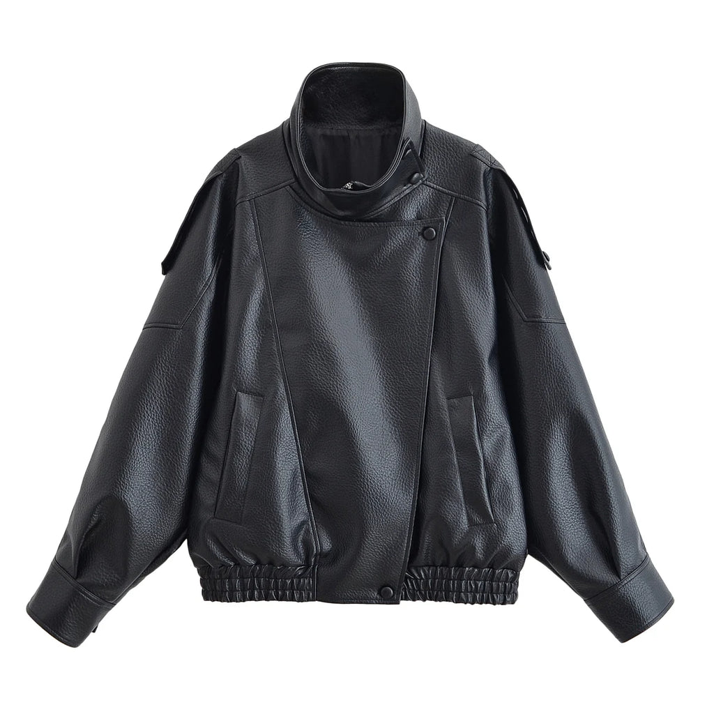 HH Autumn Faux Leather Jacket For Women Casual Solid Long Sleeve Zipper Pu Leather Coats New Fashion Female Streetwear