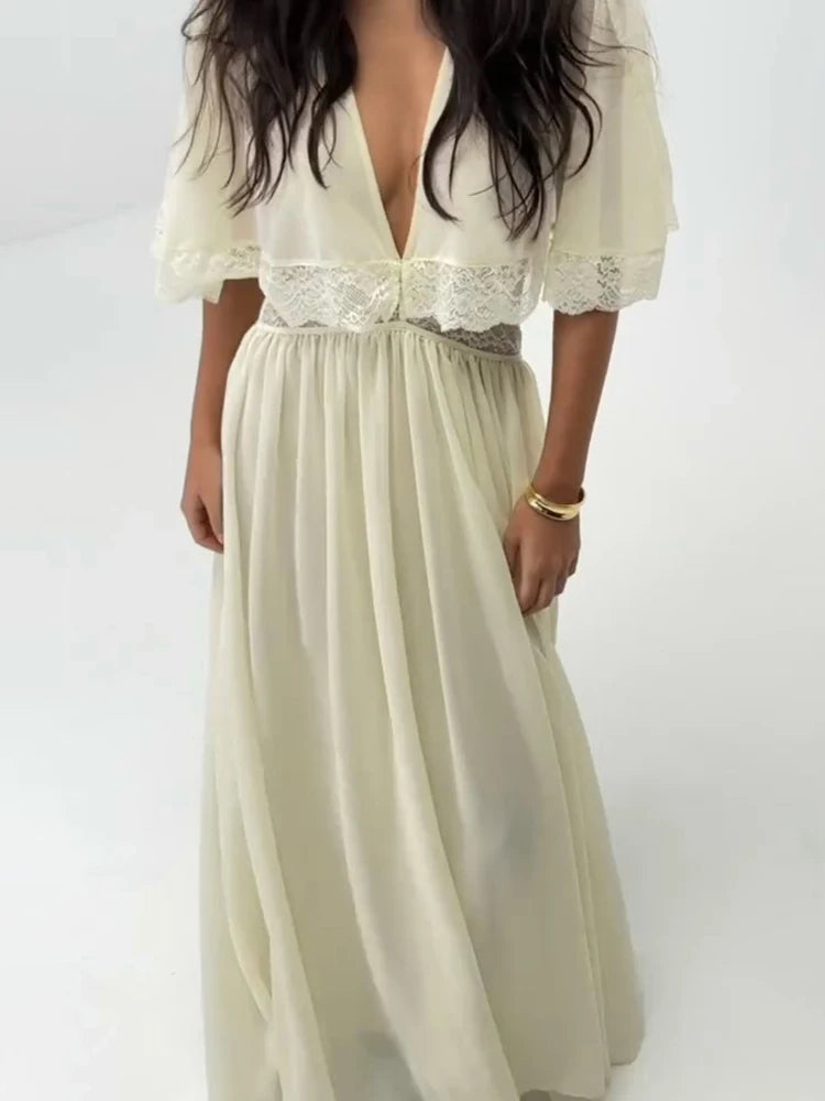 Lightweight Chiffon V-Neck Lace Insert Waist Maxi Dress Cutout Puff Sleeve 2026 Summer Women Party Dress Trendy Chic Lady Outfit