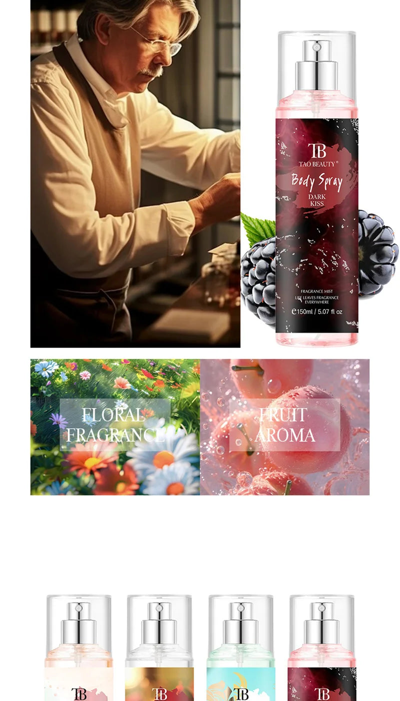 The fragrance spray has a long-lasting, faint floral scent with a fruity note. It is a fragrance body spray without alcohol.