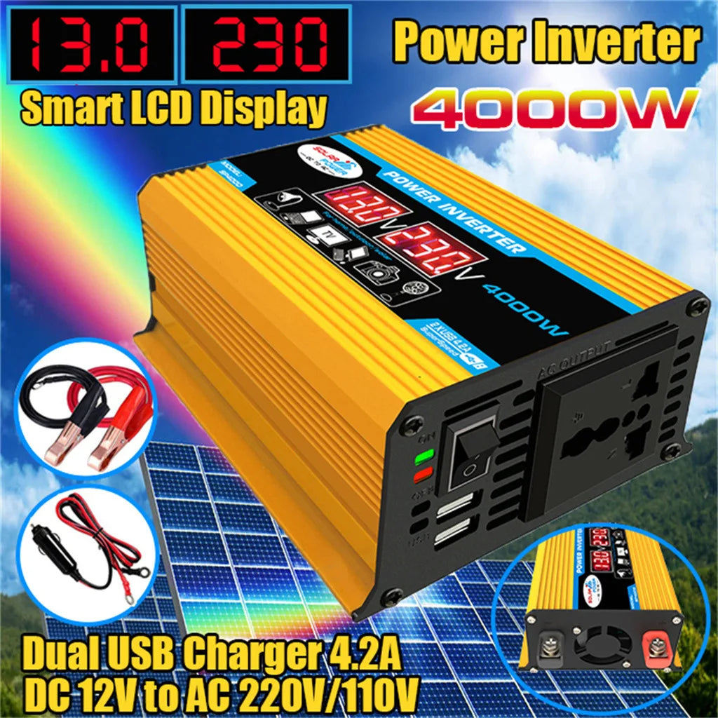 [Hot Sale] 4000W Power Inverter 12V to 220V/110V with USB Port – Solar/Car/Home Use, Pure Sine Wave for LED Display, RV, Camping