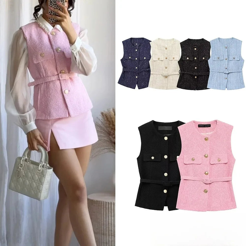 KONDALA Vintage Belt Twist Waistcoats Women O Neck Sleeveless Gold Button Vest Fashion 2025 Spring Summer Office Lady Blazer Top