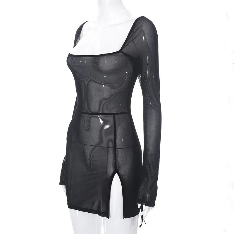Women's Square Collar Mini Dress Y2K Gauze Long Sleeve Sheer Sexy Night Outfit Clubwear Solid Color