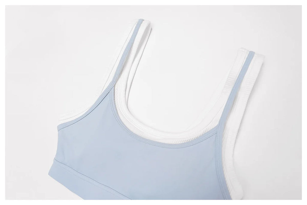 Custom LOGO Women's Naked Fake Two-piece Sports Vest Threaded Contrast Yoga Bra Running Fitness Clothing Top