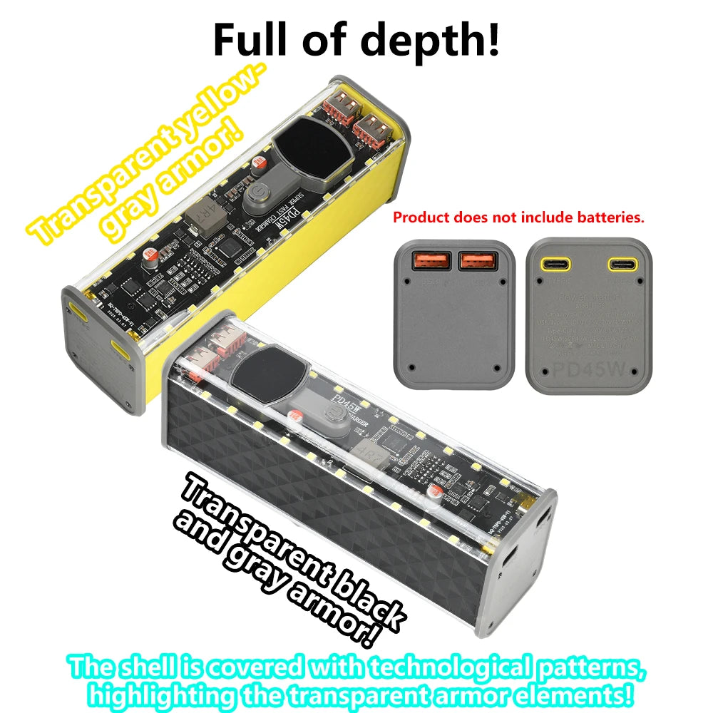 PD 45W 30-65W Super Fast Charging Transparent Power Bank Shell Welding Free 8 *18650 Battery Cartridges For Outdoor Light Type-C