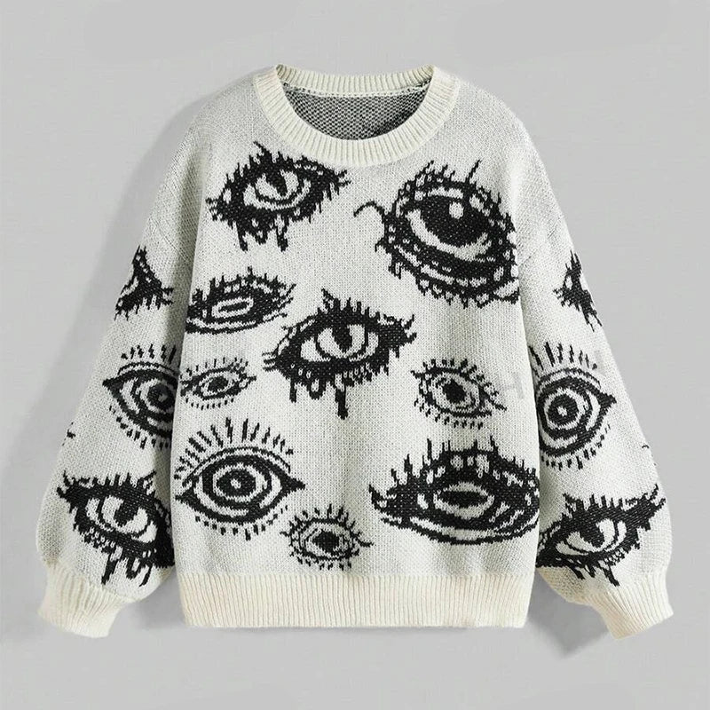 Y2K Eyes Crochet Knitted Sweaters Mens Vintage Crew Neck Long Sleeve Knit Jumper Top Men Spring Autumn Casual Loose Sweater Male