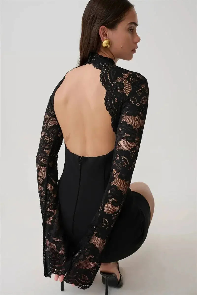 Women Elegant Lace Patchwork Sexy Mini Dress Fashion High Neck Long Flare Sleeve Backless Bodycon Club Party Dresses