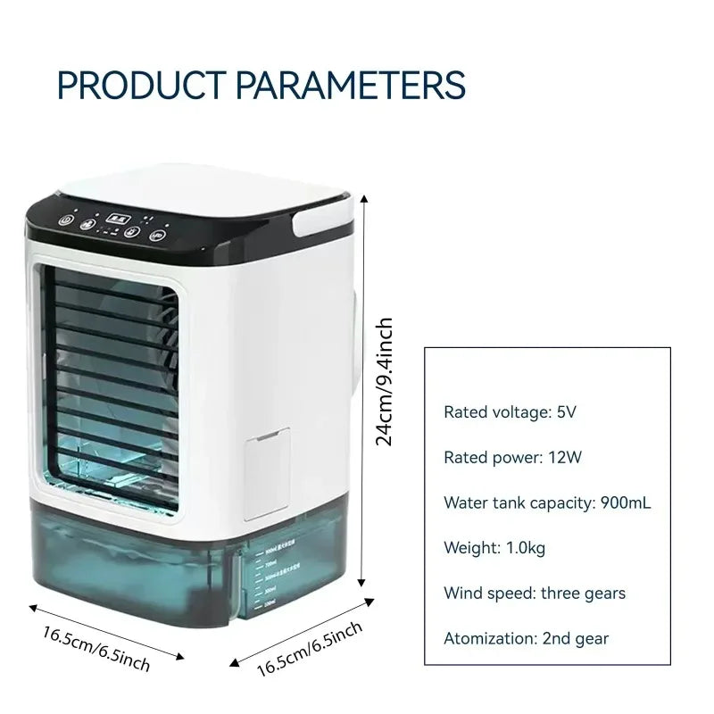 Portable Evaporative Rechargeable Mini Air Cooler 900ml Tank 3‑Speed Desktop Fan 7‑Color Night Light Humidifier Dorm Travel