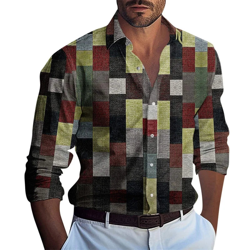 New Men's Long Sleeve Shirt Casual Fashion 3D Grid Printed Pattern Button Folding Classic Shirt Top