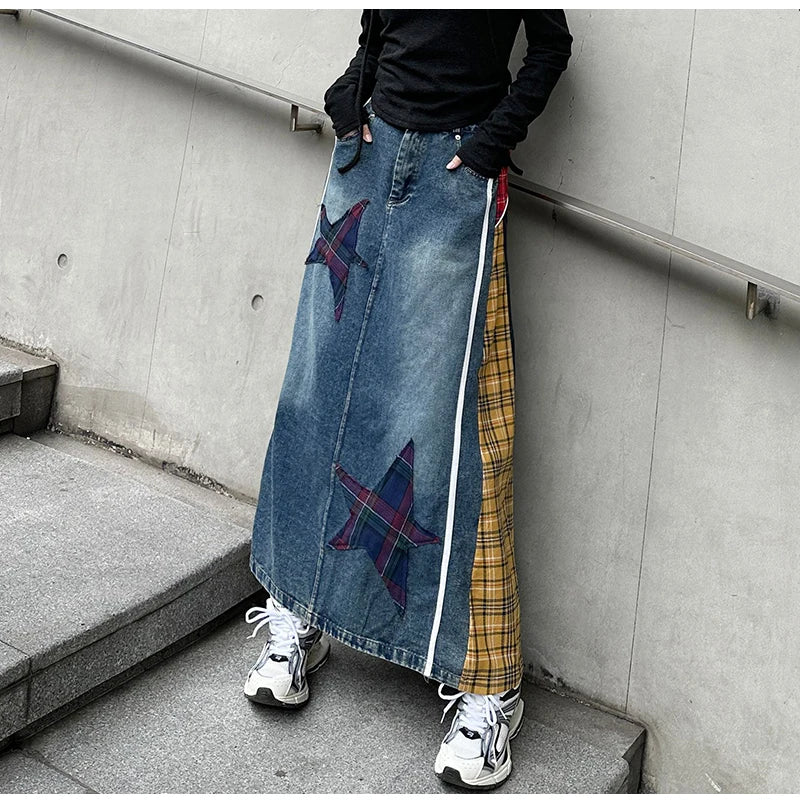 High Fashion Denim Skirt Women Elastic High Waist A-Line Long Skirt Female Colorful Patchwork Plaid Jean Skirt