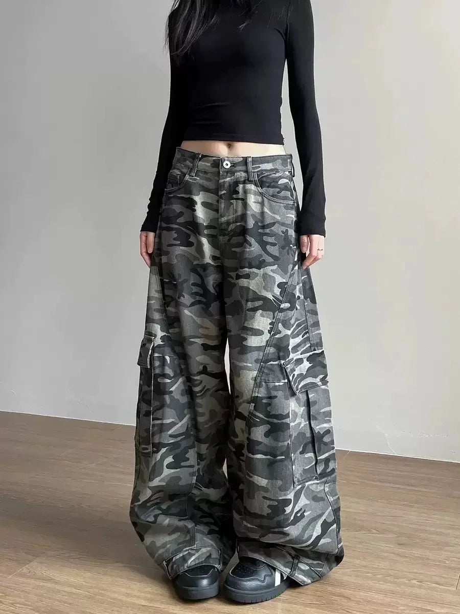 High Waist  Vintage Mutil Pockets Camouflage Jeans Women Hip Pop 2000s Baggy Y2K Denim Pants American Retro Wide Leg Trousers