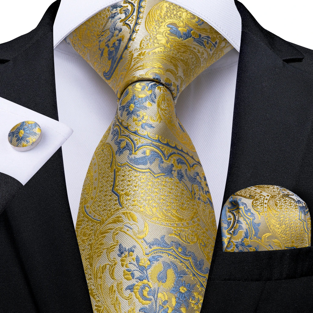 8cm Men's Polyester Ties Pocket Square Cufflinks Green Gold Paisley Wedding Party Accessories Necktie Gift