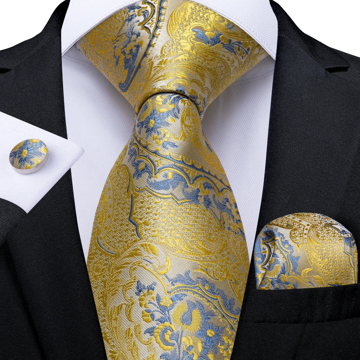 8cm Men's Polyester Ties Pocket Square Cufflinks Green Gold Paisley Wedding Party Accessories Necktie Gift