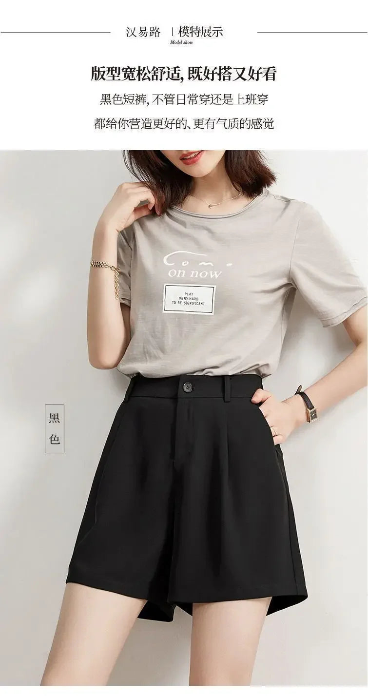 Suit Shorts Women Wear Loose Waist Tight Waist High Thin Loose Straight Leisure A -line Wide -legged Female Three -point Pants