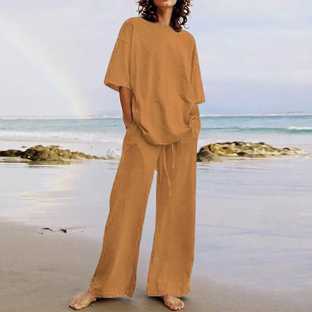 Fashion Women's 2-piece Set 2024 Summer Casual Pocket Set Half Sleeve O-Neck Top and Wide Leg Large Outline Pants Set