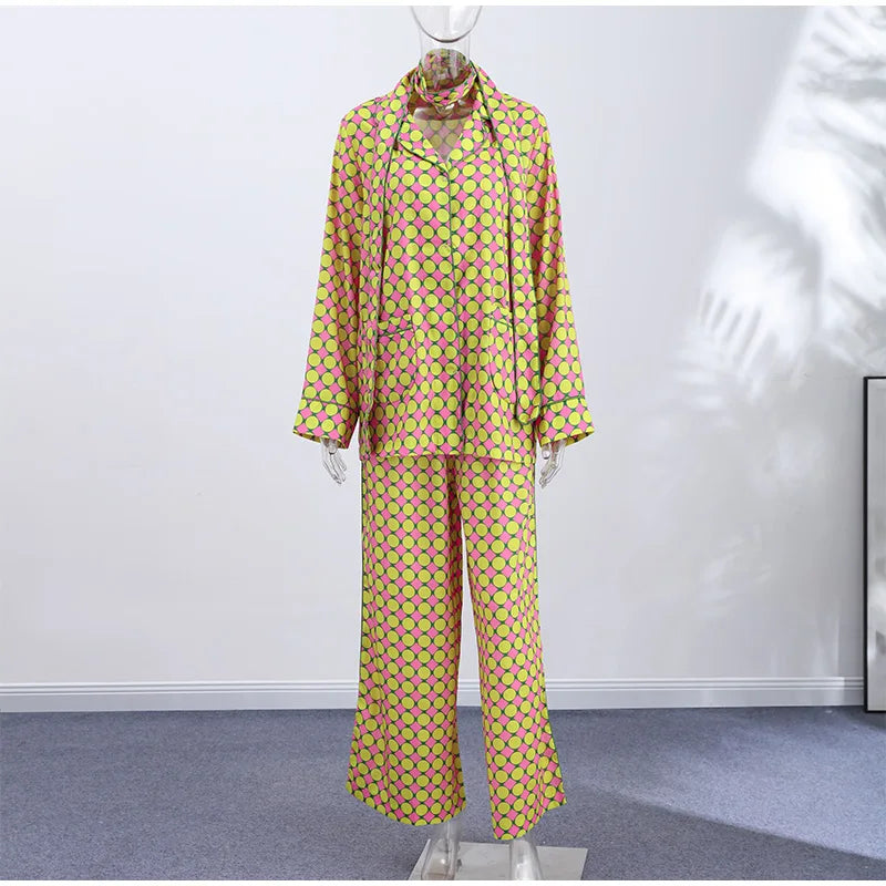 Vintage Polka Dot Women's Pants Sets 2 Pieces Tie Lapel Full Sleeve Blouses Loose Wide Leg Pant 2026 Autumn Lady Vacation Suits