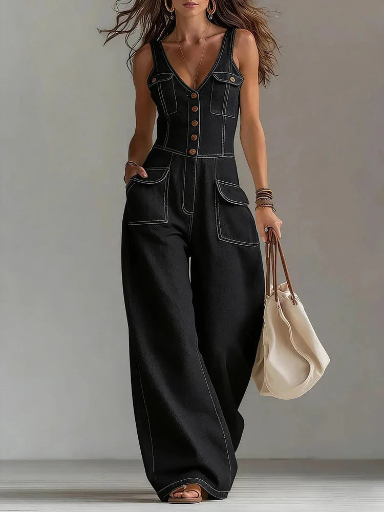 Retro Solid V Neck Camisole Playsuit Summer Streetwear High Waist Denim Jumpsuit Fashion Sleeveless Button Wide Leg Pants Romper