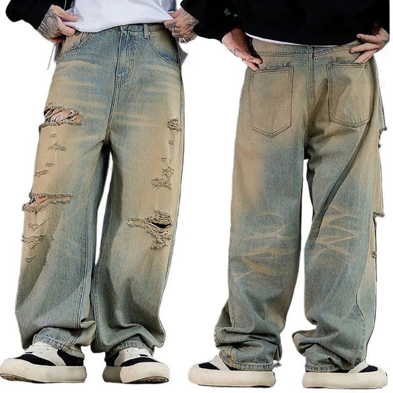 Fashionable Ripped Men's Jeans High Street Vintage Washed Pure Cotton Denim Pants Loose Straight Leg Casual Daily Male Trousers