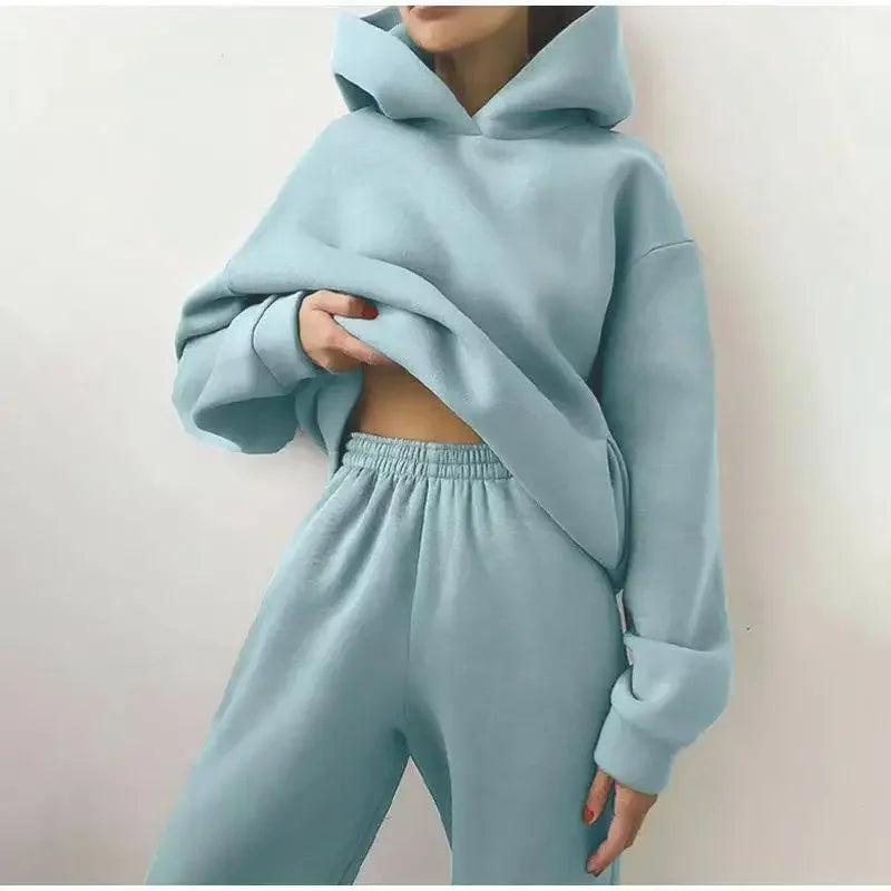 Two Piece Pant Sets Women Solid Thick Sweatshirts Hooded Full Sleeve Elastic Waist Spliced Long Pants Pockets Casual Suits