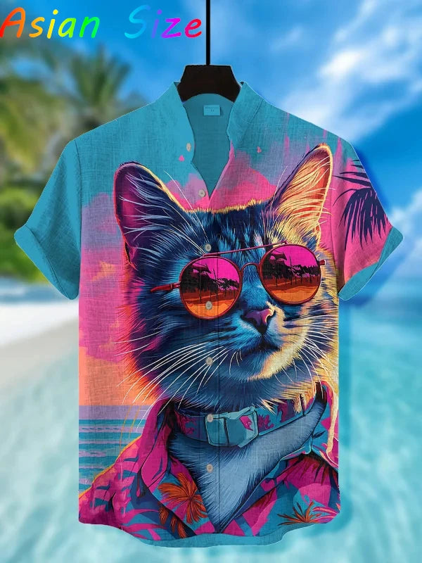 Funny Animal Cat Hawaiian Shirts Men Women Sunglass Raccoon Shirt New Button Down Tropical Beach Party 2026 Blouses Aloha Shirt