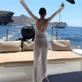 Women Summer Mesh Wrapped Dress Long Sleeve Round Neck See Through Sunscreen Solid Color Backless Beach Long Dress