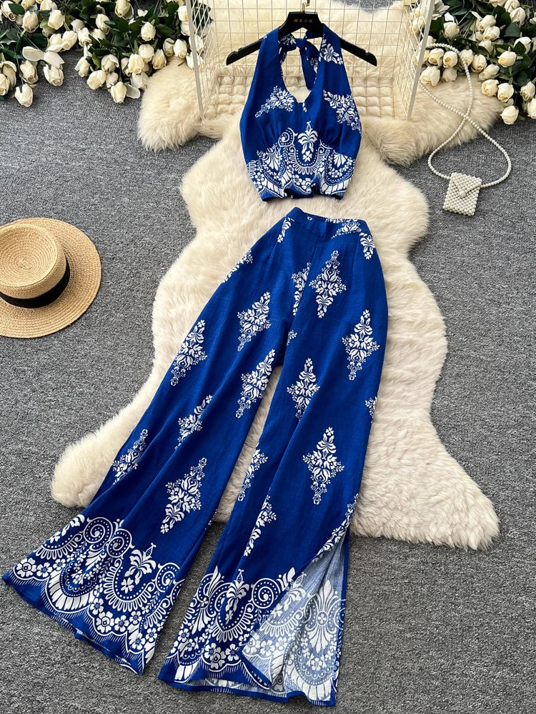 Women's Summer Two Pieces Bohemian Vacation Printed Halter Neck Sleeveless Top High Waist Wide Leg Pants Two-piece Set TP044