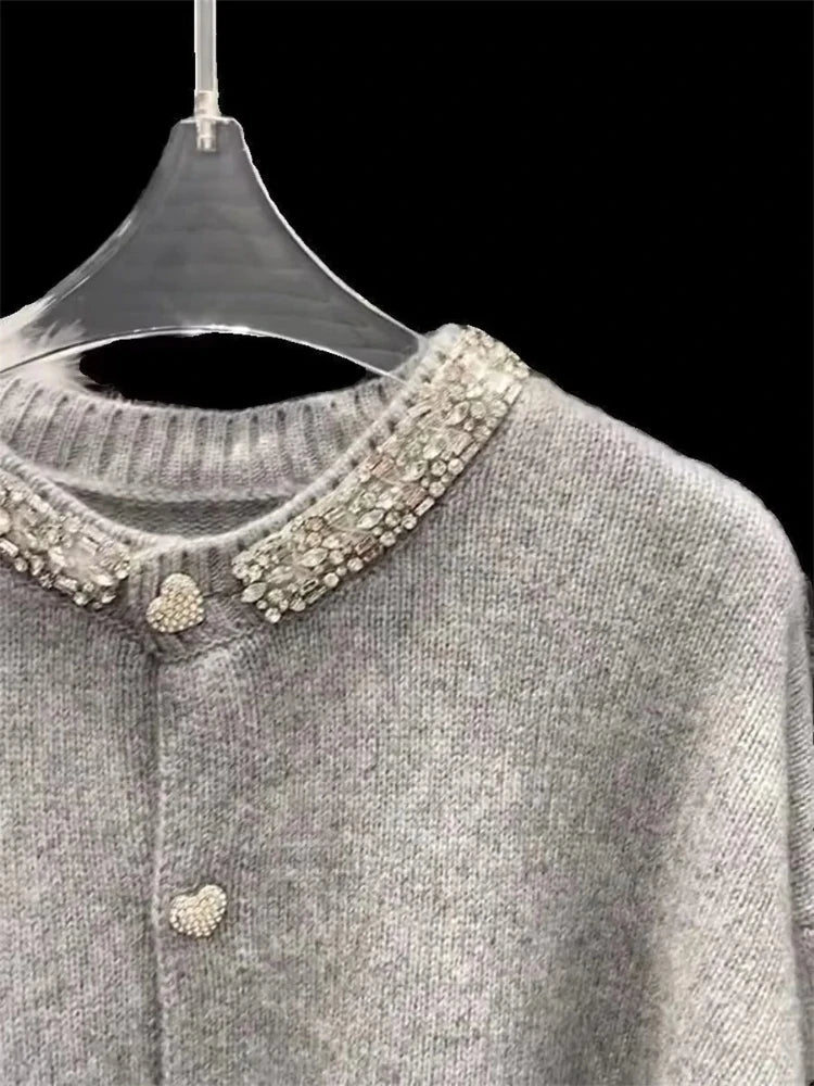 2025 Women Clothing Oversized Cardigan Jackets Diamond O-neck Vintage Casual Knitted Sweater Tops Pull Femme Cardigans Sweater