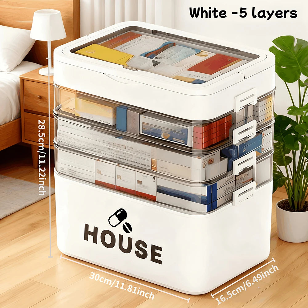 Large Capacity Multi Layer Transparent First Aid Medicine Storage Box Secure Snap Buckle Dustproof Household Emergency Drug Organizer Detachable Compartment Medical Supply Container For Family Home Office Car Travel Camping O