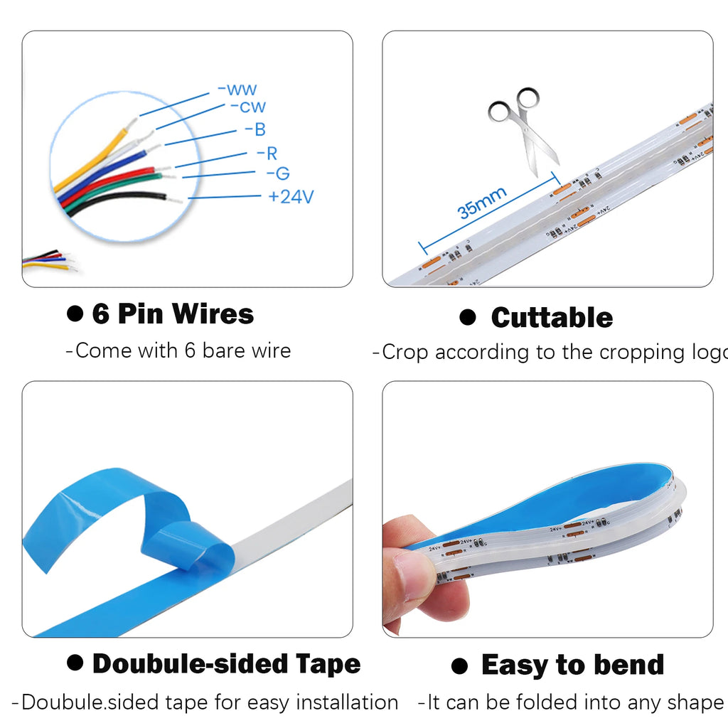 DC24V RGB CCT COB LED Strip Light 840LEDs/m High Bright Dotless 2M 3M 5M RGBCCT Flexible LED Ribbon Tape for Home Decor Lighting