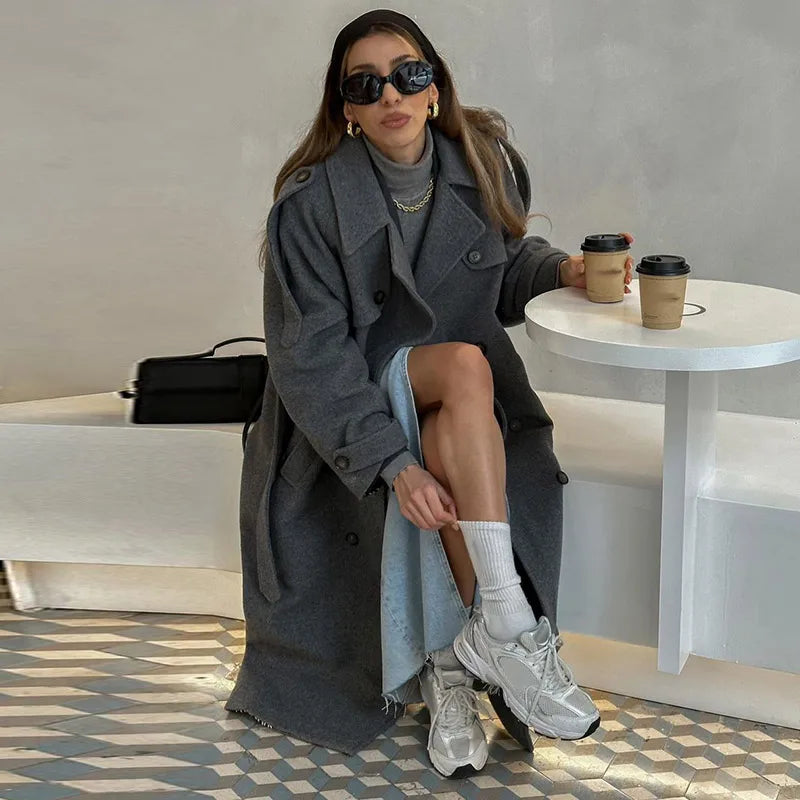 Chic Lace Up Woolen Long Trench Coat Women Gray Double Breasted Lapel Full Sleeve Pocket Coats 2026 Autumn Winter Lady Outwear