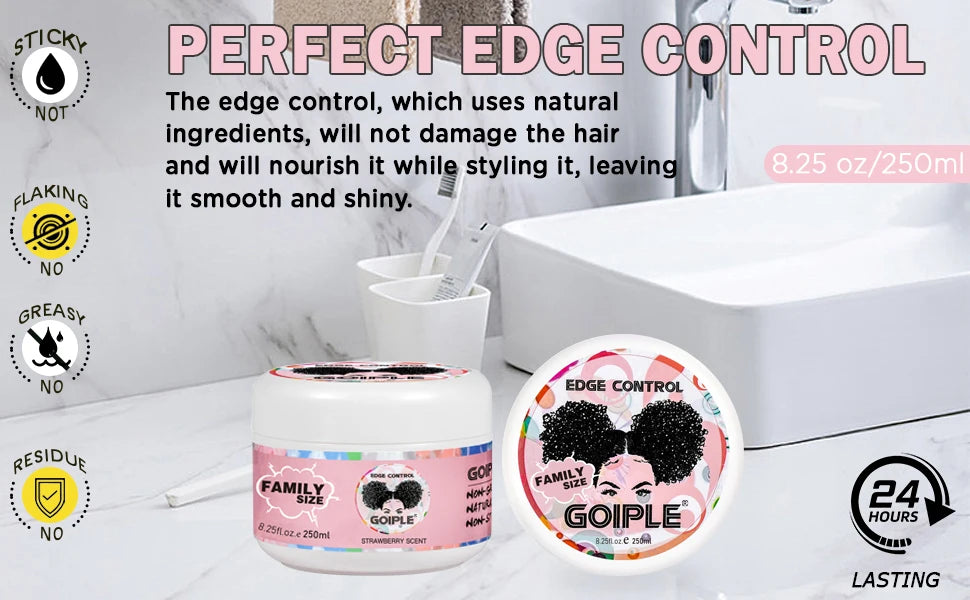 GOIPLE 8.25oz Edge Control Gel for 4c 24 Hour Strong Hold Edge Smoother Broken Hair Finishing Styling Wax Tames Frizz with Brush