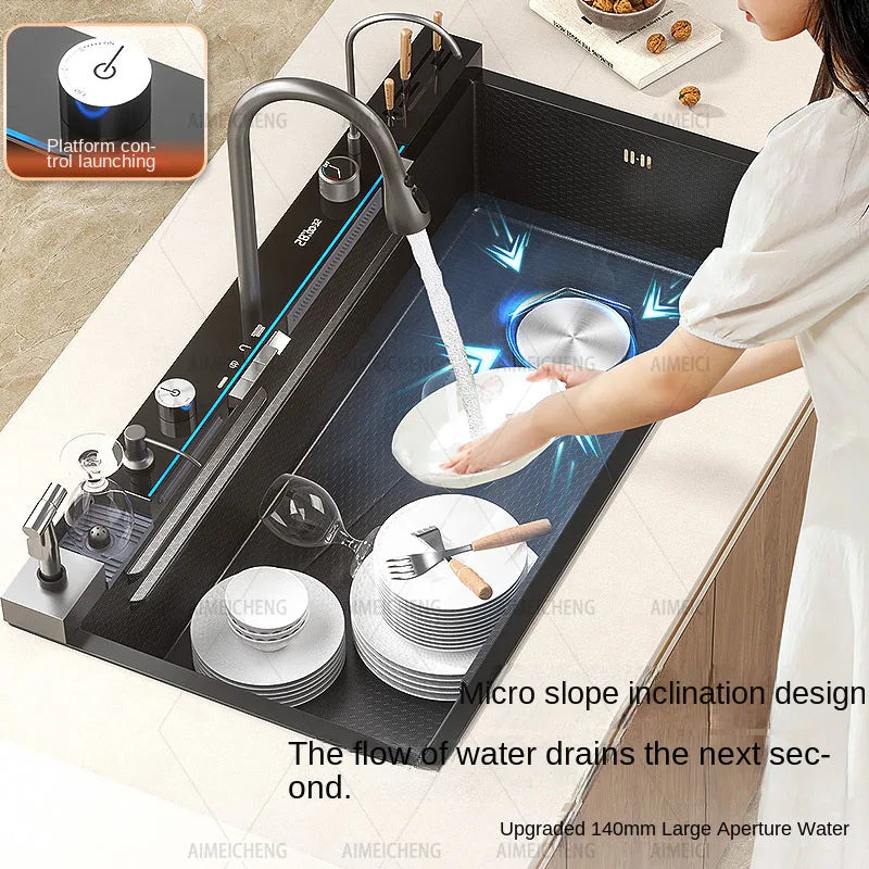 Hot Selling Stainless Steel Waterfall Kitchen Sink With Knife Holder Digital Display Faucet Set Embossed Extra Large Single Slot