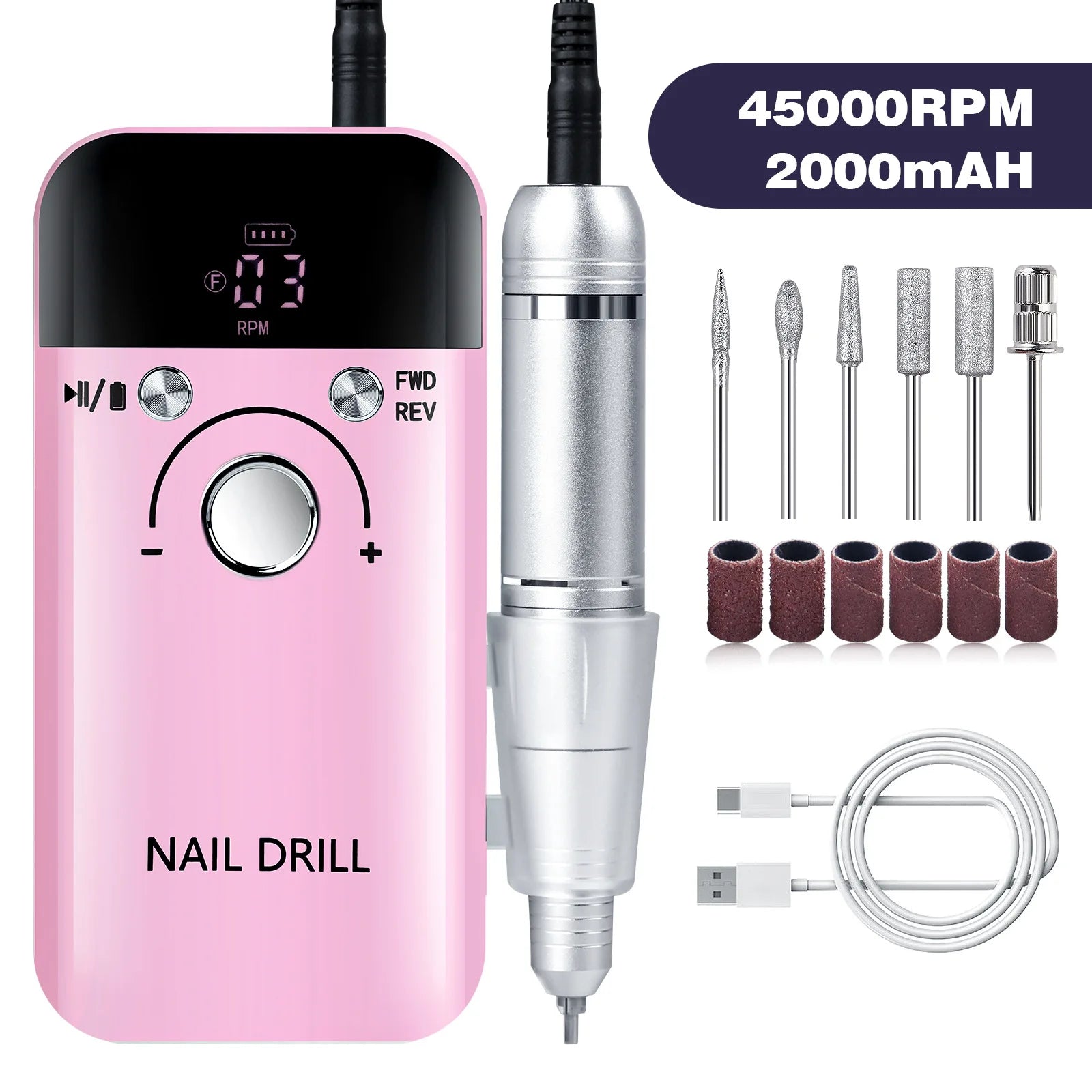 Professional Electric Nail Drill 45000 RPM Rechargeable Portable Manicure Pedicure Machine Kit with Bits