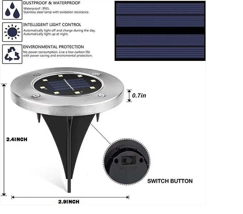 4PCS-Solar Underground Light 8LED Stainless Steel Grounded Grass Light Courtyard Garden Villa Landscape Ground Light