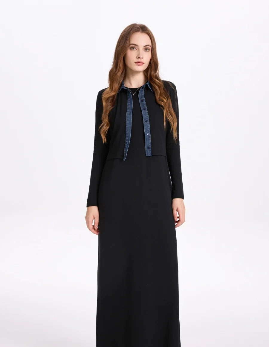 AS AW25 new design ribbing cardigan with denim collar + sleeveless maxi dress matching set for woman clothes