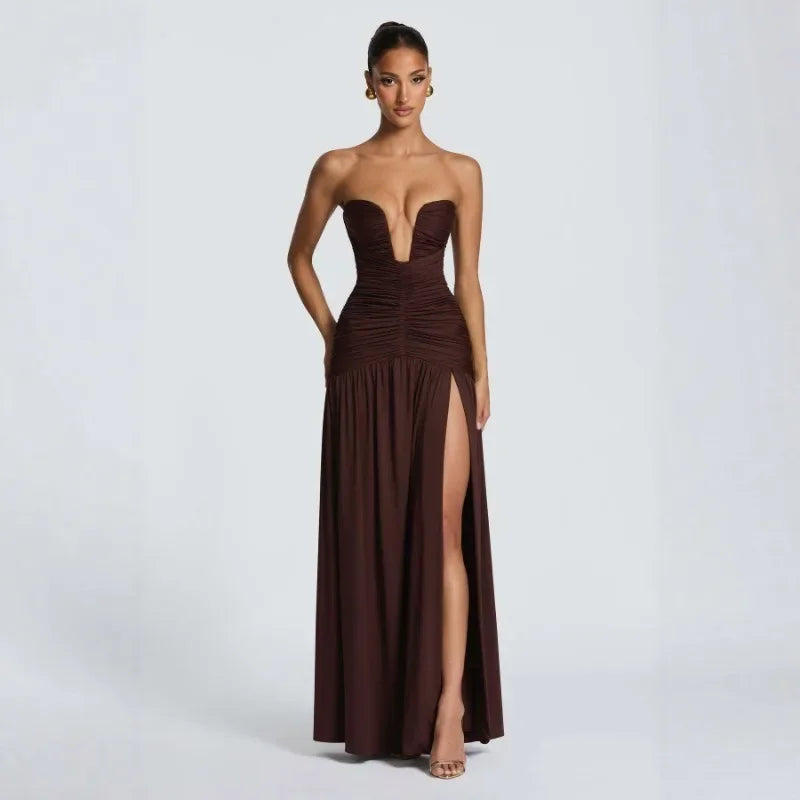 Women Elegant Deep V-neck Pleated Strapless Dress Chic Off-shoulder Backless Split Maxi Dresses 2026 Lady Evening Party Vestidos