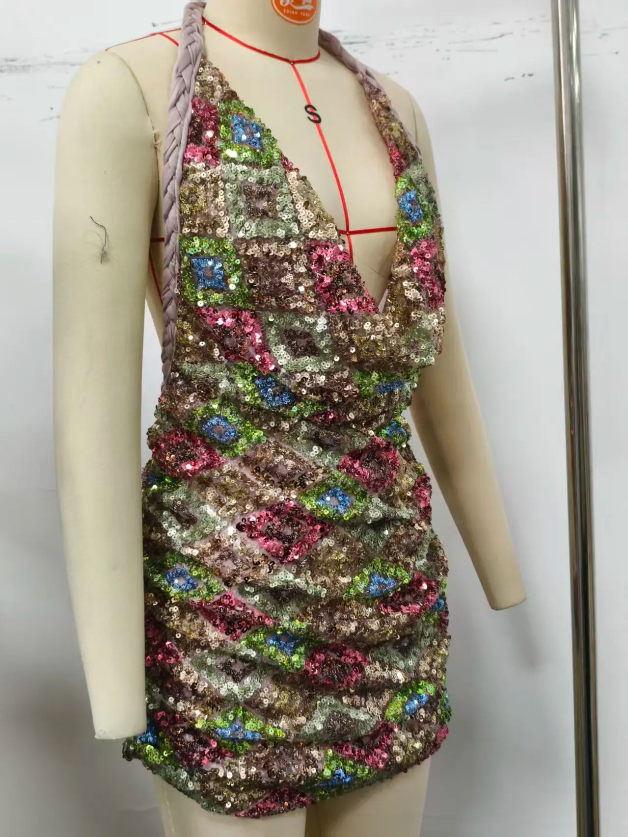 Glitter Halter Tie Women Short Dress Bright Tone Bare Back Slim Fit Tie Strap Halter Dress Slim Line Festive Party Gather