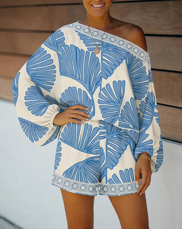 Women'S Tropical Leaf Print Two-Piece Set: Asymmetrical Neck Ruffled Puff Sleeve Top And Elastic Waist Shorts with Pockets