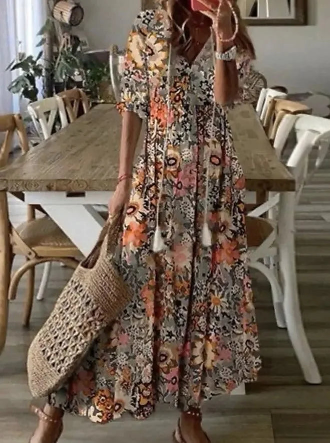 FALL Summer New 2026 Women's Casual Sweet Loose Sexy V-neck Drawstring Fashionable Printed Long Sleeved Boho Bohemian Dresses