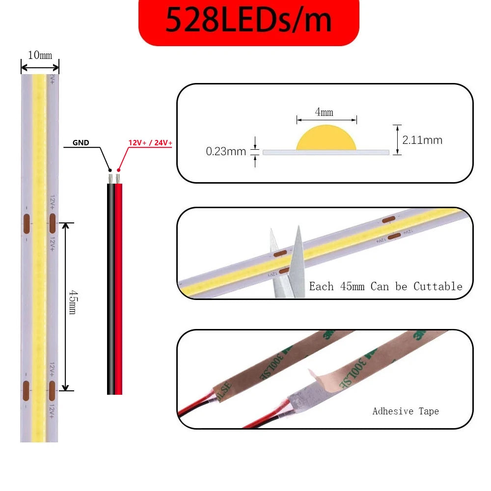 COB LED Strip Light High Density Linear Lighting 480/528Leds/m Flexible Tape Warm Natural White Red Blue Green Decor DC12/24V