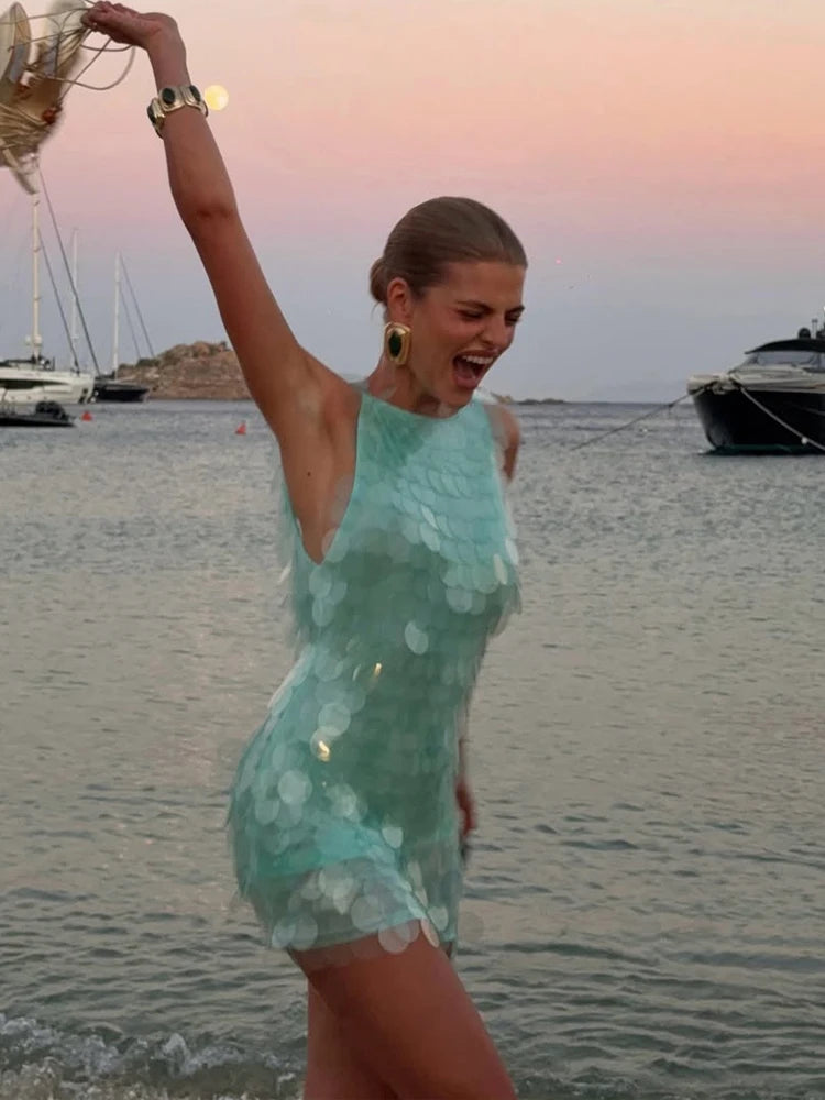 Fashion Sequin Mini Dress Women Sexy O-neck Sleeveless Backless Waist-cinching Slim Dresses 2026 Summer Lady Vacation Robe